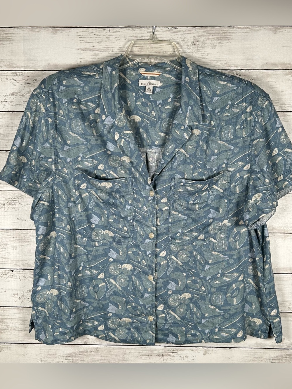 LL Bean Signature Hemp Linen Camp Shirt Fishing Seashore Blue Teal Womens XL